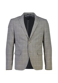 Blazer gris pour hommes à carreaux blancs en fenêtre, deux boutons, col cranté, et deux poches avant à rabat, présenté sur un fond blanc.