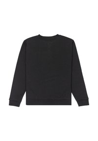 Sudadera negra de manga larga, con cuello redondo y puños y dobladillo acanalados. Textura de tela suave y diseño simple sin patrones.