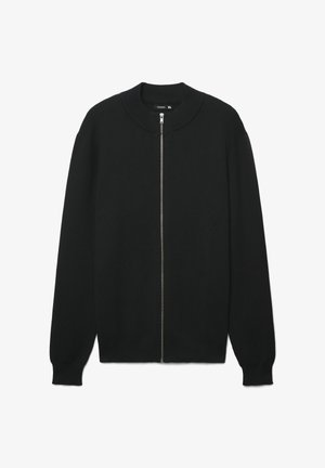 Cardigan nero lavorato a maglia con colletto alto, cerniera a tutta lunghezza e maniche lunghe. Presenta polsini e orlo a coste per una vestibilità aderente.