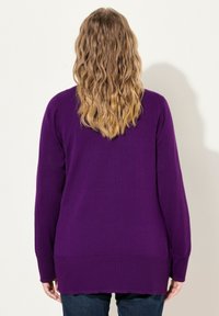 Lila långärmad tröja med ribbat nederkant och muddar, med en slät yta och en avslappnad passform, sedd från baksidan.