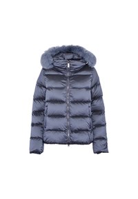 Giacca puffer navy con cappuccio staccabile foderato in pelliccia, imbottitura a baffle orizzontale, zip frontale e polsini elasticizzati per il calore.