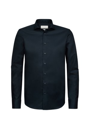 Marineblaues Langarmshirt aus glattem Stoff mit durchgehendem Knopfverschluss, spitzem Kragen und Knopfmanschetten. Schlichtes Design ohne Muster.