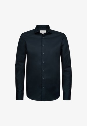 Marineblaues Langarmshirt aus glattem Stoff mit durchgehendem Knopfverschluss, spitzem Kragen und Knopfmanschetten. Schlichtes Design ohne Muster.