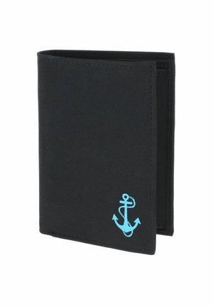 Portefeuille noir bifold avec un petit symbole d'ancre bleu imprimé dans le coin inférieur droit, montré partiellement ouvert.