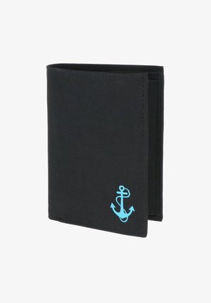 Black bifold wallet with a small blue anchor symbol printed on the bottom right corner, shown partially open.