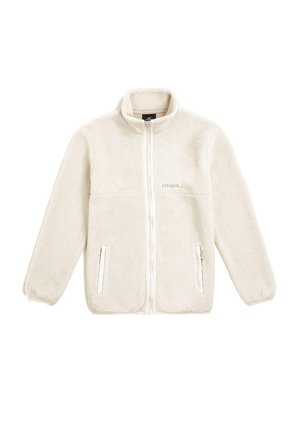 Kermanvärinen fleece-takki, jossa on korkea kaulus, etuvetoketju ja kaksi sivutaskua. Sisältää teksturoitua kangasta, joka näyttää pehmeältä ja mukavalta.