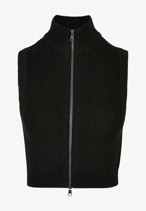 Top sans manches noir avec col montant, texture côtelée et fermeture éclair sur toute la longueur. Design simple sans motifs ou accents supplémentaires.