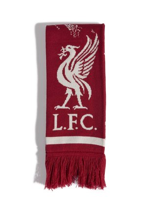 Rødt tørklæde med hvid Liver bird-emblem og initialerne "L.F.C.", med en hvid stribe og røde frynser i enden.