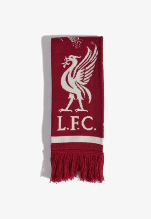 Rødt tørklæde med hvid Liver bird-emblem og initialerne "L.F.C.", med en hvid stribe og røde frynser i enden.