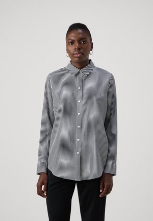 Black and white striped button-up shirt with a collar, long sleeves, and button cuffs, made from lightweight fabric.