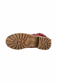 Suola di un boot in pelle rossa con suola in gomma spessa e taglia 37 contrassegnata nell'area dell'arco.