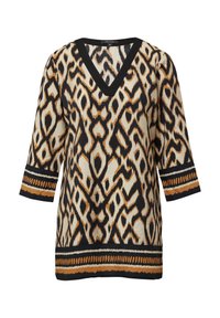 Kurzärmlige Tunika mit V-Ausschnitt, die ein kräftiges Tribal-Muster in Schwarz, Beige und Orange zeigt. Strukturiertes Material mit kontrastierenden Saum-Akzenten.