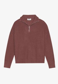 Hladký burgundský svetr s výstřihem do vysokého límce, zapínáním na 1/4 zip a širokými rukávy. Měkká textura a uvolněný střih.