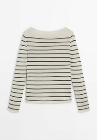 Maglione beige a maniche lunghe con righe orizzontali nere e un ampio scollo a barca, esposto piatto su uno sfondo bianco.
