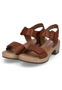Brown leather sandals with two wide straps, a buckle closure, and a textured wedge sole. Footbed features a smooth surface and minimal padding.