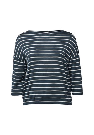 Granatowo-biały top w paski o szerokim dekolcie, trzyczęściowych rękawach i luźnym kroju. Miękka, elastyczna tkanina o gładkiej fakturze.
