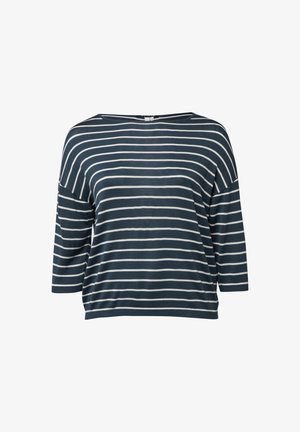 Haut rayé bleu marine et blanc avec un large décolleté, des manches trois-quarts et une coupe décontractée. Tissu doux et extensible avec une texture lisse.