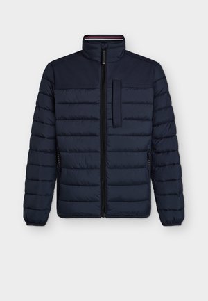 Veste en duvet marine avec col montant, design matelassé, fermeture éclair frontale et poche poitrine. Tissu texturé et chaud avec poches latérales.