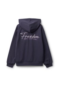 Felpa con cappuccio blu navy con un grande testo ricamato bianco e viola sul retro: "Libertà NON SMETTERE DI IMMAGINARE."