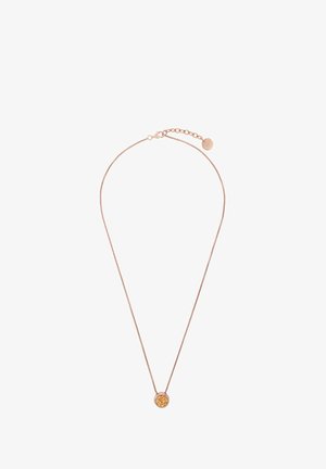 Naszyjnik w różowym złocie z cienkim łańcuchem, z okrągłym wisiorkiem z żółtym kamieniem na środku, zabezpieczony zapięciem typu lobster i łańcuszkiem przedłużającym.