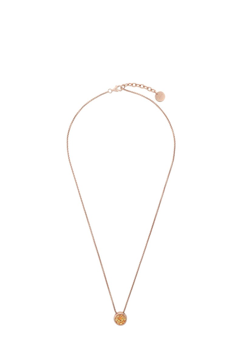 Halskette aus Roségold mit einer dünnen Kette, die einen runden Anhänger mit einem gelben Stein in der Mitte zeigt, verschlossen mit einem Karabinerverschluss und einer Verlängerungskette.