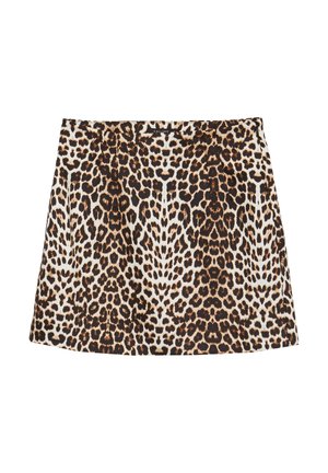 Mini gonna con stampa leopardata e vita aderente, realizzata in tessuto leggero, con macchie marroni e nere su sfondo crema.