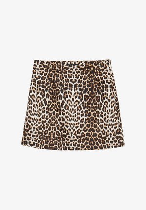 Mini gonna con stampa leopardata e vita aderente, realizzata in tessuto leggero, con macchie marroni e nere su sfondo crema.