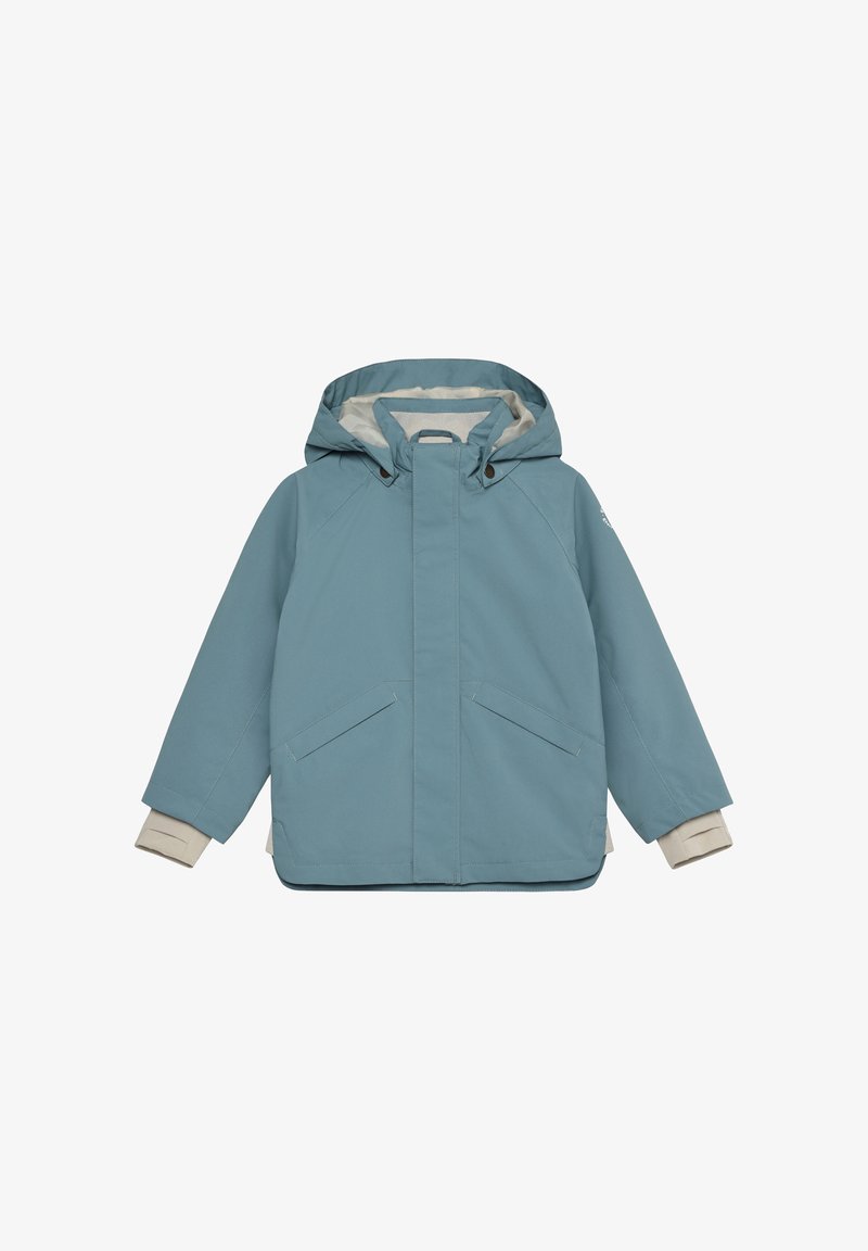 Wasserabweisende blaue Jacke mit Kapuze, beigem Innenfutter, zwei Fronttaschen und kontrastierenden Bündchen. Verfügt über einen Reißverschluss und abgestepptes Detail.