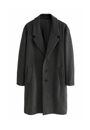 Dunkelgrauer Wollmischmantel mit breiten Revers, drei schwarzen Knöpfen und zwei vertikalen Fronttaschen, auf weißem Hintergrund dargestellt.