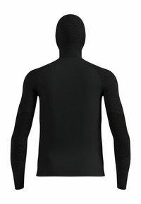 Black long-sleeve fitted base layer shirt with a seamless design, textured fabric, high collar, and raglan sleeves for enhanced movement.