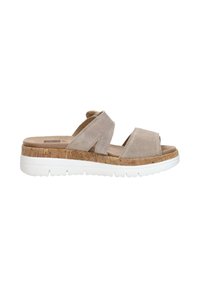 Beige suede slide sandals with two crossed straps, cork-like midsole, and white rubber outsole, featuring a comfortable open design.
