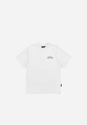 White short-sleeve t-shirt made of cotton, featuring a small graphic print on the left chest and a logo tag on the side seam.