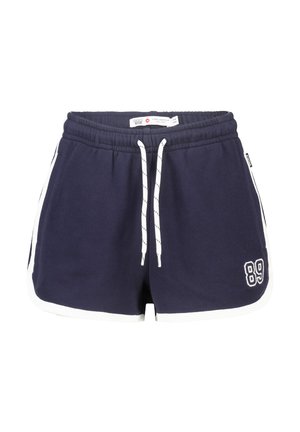 Marineblauwe sportshorts met witte bies, trekkoord in de taille, zijzakken en een witte '89' patch op het linkerbeen.