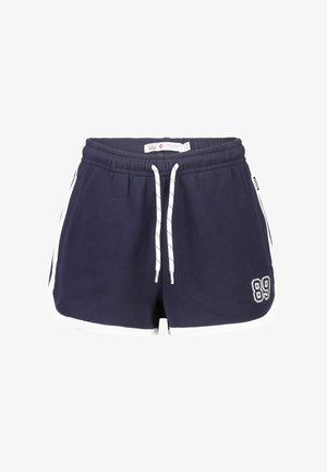 Marineblauwe sportshorts met witte bies, trekkoord in de taille, zijzakken en een witte '89' patch op het linkerbeen.