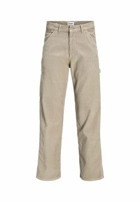 Beige corduroy broek met een rechte pasvorm, twee voorzakken en een zijzak. Kenmerkt zich door de ribbelstructuur en een knoopsluiting.