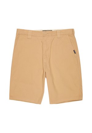 Shorts pour hommes en coton beige avec fermeture par bouton, passants pour ceinture, poches latérales et une petite étiquette noire sur la poche droite.
