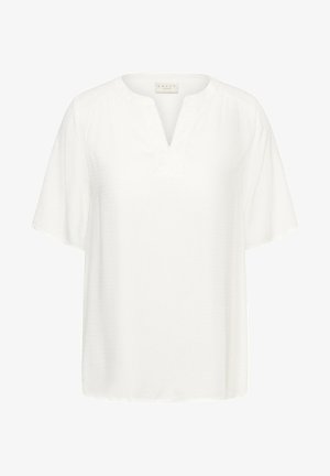 Weißes kurzärmeliges Blusenshirt mit V-Ausschnitt, weiter Passform und dezentem Strukturmuster, mit der Aufschrift "KAFFE culture" am Kragen.