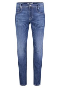 Slim-fit blue denim jeans with subtle fading, five-pocket design, belt loops, and metal button closure. Soft, textured fabric.