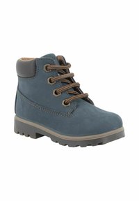 Stivaletto alla caviglia in suede blu scuro con lacci marroni, suola in gomma e collo grigio imbottito; presenta cuciture decorative e occhielli in metallo.