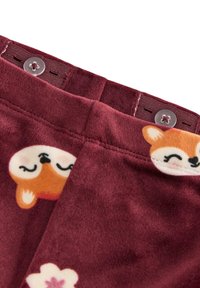 Burgundy fløjlsshorts med dyretegninger, der har en glat overflade og knaplukning, samt farverige broderede detaljer.