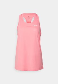 Light pink athletic tank top with a round neckline and racerback design. Features a small white Nike logo on the chest and smooth fabric texture.