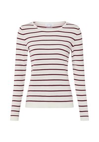 Weißes Langarmhemd mit horizontalen Streifen in Burgunderrot und Hellrosa, rundem Ausschnitt und figurbetonter Silhouette.