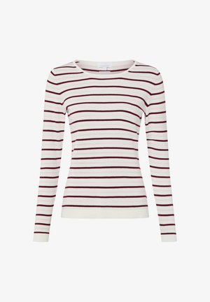 Witte lange mouw blouse met horizontale bordeauxrode en lichtroze strepen, ronde halslijn en een aangesloten silhouet.