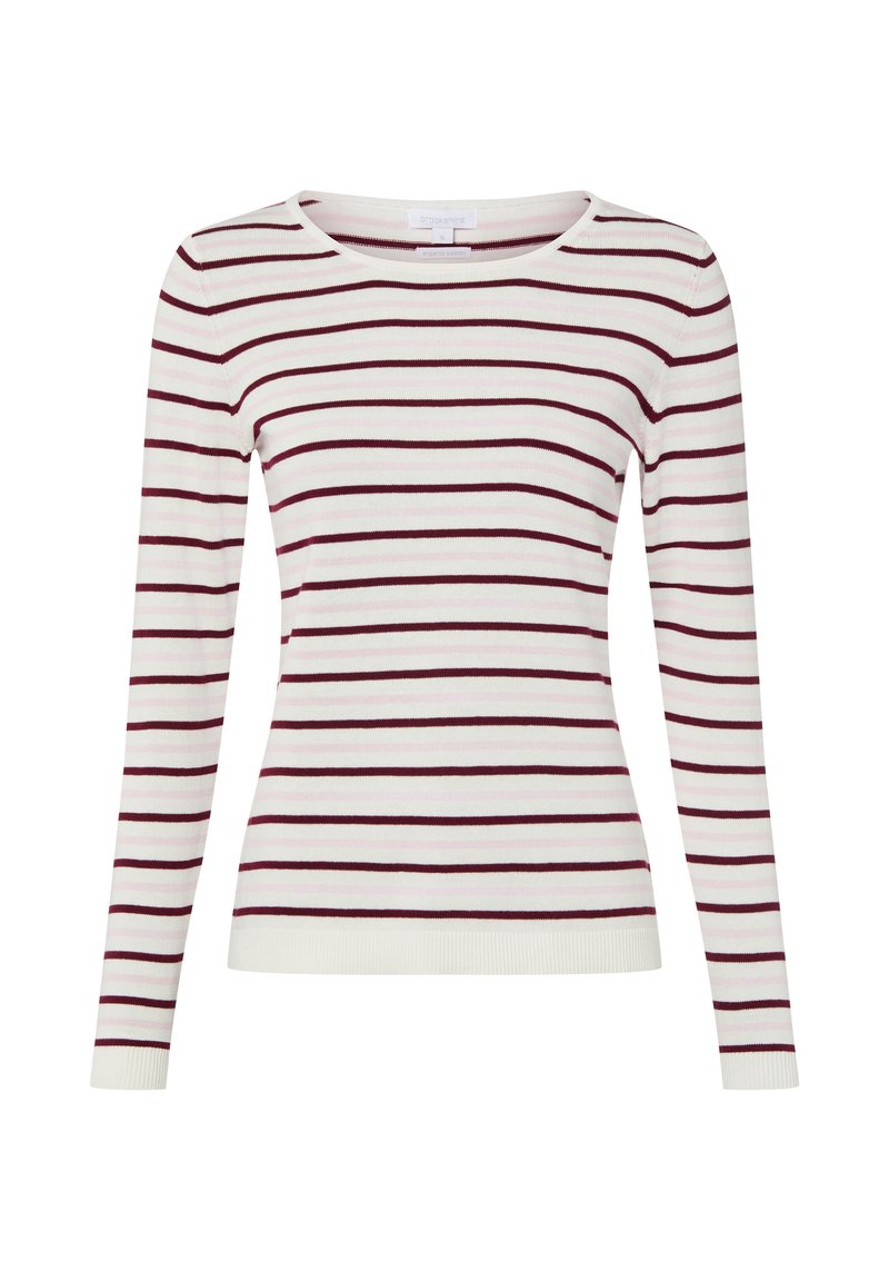 Weißes Langarmhemd mit horizontalen Streifen in Burgunderrot und Hellrosa, rundem Ausschnitt und figurbetonter Silhouette.