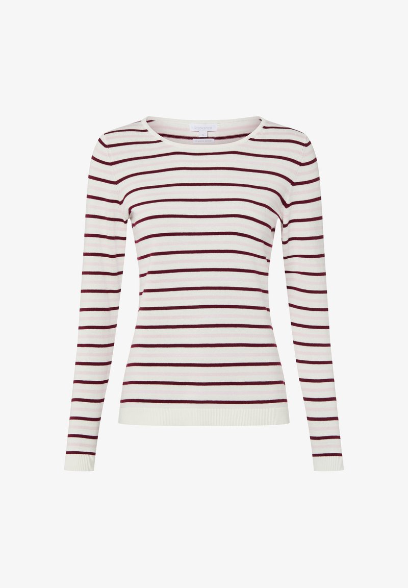 Weißes Langarmhemd mit horizontalen Streifen in Burgunderrot und Hellrosa, rundem Ausschnitt und figurbetonter Silhouette.
