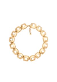 Bracciale in tono oro con maglie quadrate arrotondate e dettagli con centro traforato. Texture liscia con chiusura e catena di estensione per una vestibilità regolabile.