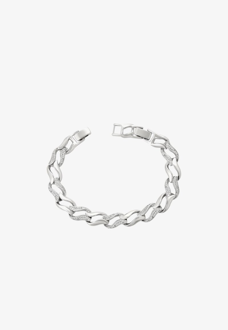 Ez egy ezüst lánc karkötő, amely összekapcsolt ovális láncszemekből áll, amelyből néhány textúrázott felületű, és egy dupla csattal záródik a biztonságos illeszkedés érdekében.