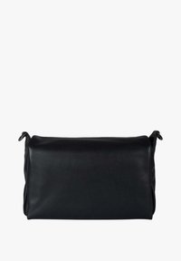Borsa in pelle nera con forma rettangolare, texture morbida e due manici laterali. Design minimalista senza loghi o motivi visibili.