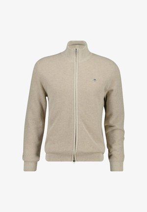 Beige hættesweater med lynlås, ribbet tekstur, høj krave og tætsiddende ærmer. Lille logo på venstre bryst. Glat lynlåslukning.