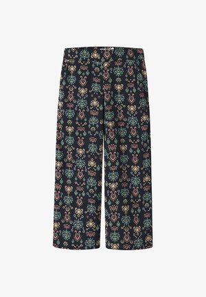 Schwarze Hosen mit weitem Bein und farbenfrohen, symmetrischen, abstrakten Blumen- und geometrischen Mustern in Grün, Pink und Beige.